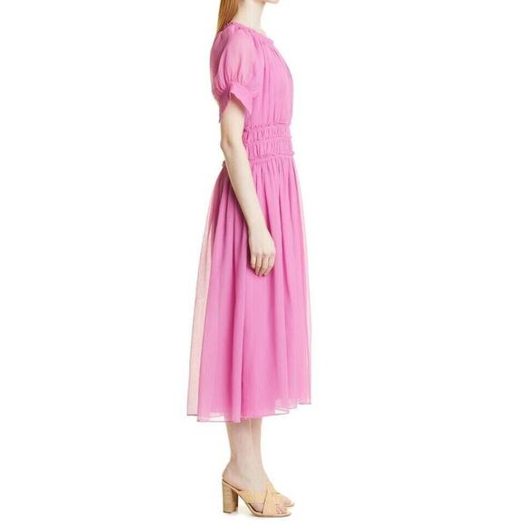 Rebecca Taylor NWOT Chiffon Short Sleeve Smock Waistline Midi Dress Pink Size 12 - Picture 4 of 6